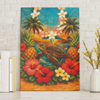 Hawaiian Turtles on Beach Canvas Wall Art with Pineapple Tropical Plant and Lei