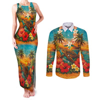 Hawaiian Turtles on Beach Couples Matching Tank Maxi Dress and Long Sleeve Button Shirt with Pineapple Tropical Plant and Lei