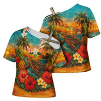 Hawaiian Turtles on Beach Cross Shoulder Shirt with Pineapple Tropical Plant and Lei