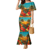 Hawaiian Turtles on Beach Family Matching Mermaid Dress and Hawaiian Shirt with Pineapple Tropical Plant and Lei LT03 Mom's Dress Multicolor - Polynesian Pride