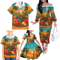 Hawaiian Turtles on Beach Family Matching Off The Shoulder Long Sleeve Dress and Hawaiian Shirt with Pineapple Tropical Plant and Lei LT03 - Polynesian Pride