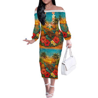 Hawaiian Turtles on Beach Family Matching Off The Shoulder Long Sleeve Dress and Hawaiian Shirt with Pineapple Tropical Plant and Lei LT03 Mom's Dress Multicolor - Polynesian Pride