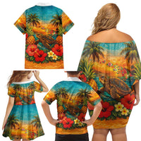 Hawaiian Turtles on Beach Family Matching Off Shoulder Short Dress and Hawaiian Shirt with Pineapple Tropical Plant and Lei LT03 - Polynesian Pride