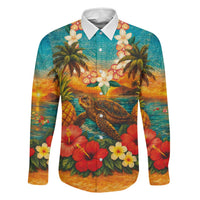 Hawaiian Turtles on Beach Family Matching Tank Maxi Dress and Hawaiian Shirt with Pineapple Tropical Plant and Lei LT03 Dad's Shirt - Long Sleeve Multicolor - Polynesian Pride