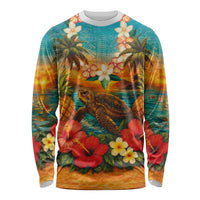 Hawaiian Turtles on Beach Long Sleeve Shirt with Pineapple Tropical Plant and Lei