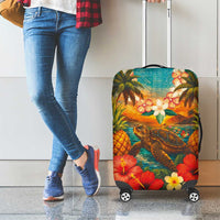 Hawaiian Turtles on Beach Luggage Cover with Pineapple Tropical Plant and Lei