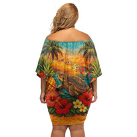 Hawaiian Turtles on Beach Off Shoulder Short Dress with Pineapple Tropical Plant and Lei