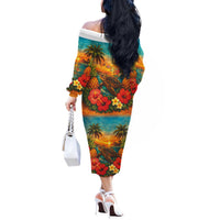 Hawaiian Turtles on Beach Off The Shoulder Long Sleeve Dress with Pineapple Tropical Plant and Lei