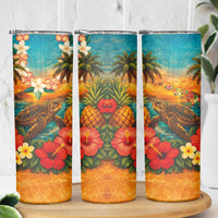 Hawaiian Turtles on Beach Skinny Tumbler with Pineapple Tropical Plant and Lei