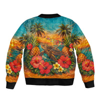 Hawaiian Turtles on Beach Sleeve Zip Bomber Jacket with Pineapple Tropical Plant and Lei