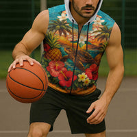 Hawaiian Turtles on Beach Sleeveless Zip Hoodie with Pineapple Tropical Plant and Lei
