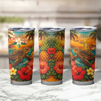 Hawaiian Turtles on Beach Tumbler Cup with Pineapple Tropical Plant and Lei