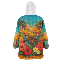 Hawaiian Turtles on Beach Wearable Blanket Hoodie with Pineapple Tropical Plant and Lei