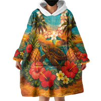 Hawaiian Turtles on Beach Wearable Blanket Hoodie with Pineapple Tropical Plant and Lei