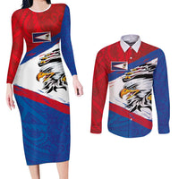 American Samoa Flag Day Couples Matching Long Sleeve Bodycon Dress and Long Sleeve Button Shirt Polynesian Art Geometric with Flag Brush Style LT03 Multicolor - Polynesian Pride