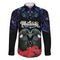 New Zealand Maori Matariki Family Matching Long Sleeve Bodycon Dress and Hawaiian Shirt Hongi Tui Bird Pohutukawa and Polynesia Tribal LT03 Dad's Shirt - Long Sleeve Black - Polynesian Pride