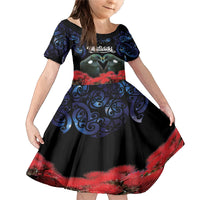 New Zealand Maori Matariki Family Matching Mermaid Dress and Hawaiian Shirt Hongi Tui Bird Pohutukawa and Polynesia Tribal LT03 Daughter's Dress Black - Polynesian Pride
