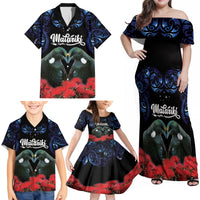 New Zealand Maori Matariki Family Matching Off Shoulder Maxi Dress and Hawaiian Shirt Hongi Tui Bird Pohutukawa and Polynesia Tribal LT03 - Polynesian Pride