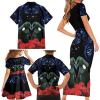 New Zealand Maori Matariki Family Matching Short Sleeve Bodycon Dress and Hawaiian Shirt Hongi Tui Bird Pohutukawa and Polynesia Tribal LT03 - Polynesian Pride