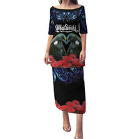 New Zealand Maori Matariki Puletasi Hongi Tui Bird Pohutukawa and Polynesia Tribal LT03 Long Dress Black - Polynesian Pride
