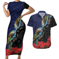 New Zealand Maori Hongi Culture Couples Matching Short Sleeve Bodycon Dress and Hawaiian Shirt Tui Bird Pohutukawa and Polynesian Pattern LT03 Blue - Polynesian Pride