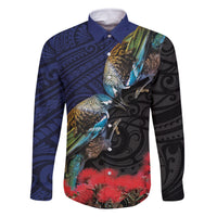 New Zealand Maori Hongi Culture Family Matching Mermaid Dress and Hawaiian Shirt Tui Bird Pohutukawa and Polynesian Pattern LT03 Dad's Shirt - Long Sleeve Blue - Polynesian Pride