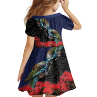 New Zealand Maori Hongi Culture Family Matching Off The Shoulder Long Sleeve Dress and Hawaiian Shirt Tui Bird Pohutukawa and Polynesian Pattern LT03 - Polynesian Pride