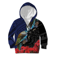 New Zealand Maori Hongi Culture Kid Hoodie Tui Bird Pohutukawa and Polynesian Pattern LT03 Zip Hoodie Blue - Polynesian Pride