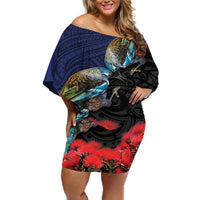 New Zealand Maori Hongi Culture Off Shoulder Short Dress Tui Bird Pohutukawa and Polynesian Pattern LT03 Women Blue - Polynesian Pride