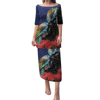 New Zealand Maori Hongi Culture Puletasi Tui Bird Pohutukawa and Polynesian Pattern LT03 Long Dress Blue - Polynesian Pride