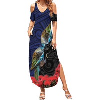 New Zealand Maori Hongi Culture Summer Maxi Dress Tui Bird Pohutukawa and Polynesian Pattern LT03 Women Blue - Polynesian Pride