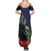 New Zealand Maori Hongi Culture Summer Maxi Dress Tui Bird Pohutukawa and Polynesian Pattern LT03 - Polynesian Pride