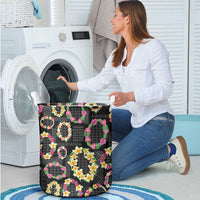 Hawaiian Kakau Tattoo Leis and Palaka Pattern Laundry Basket Traditional Aloha Tribal Black Color