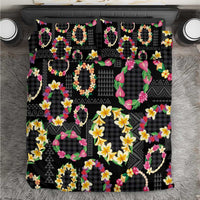 Hawaiian Kakau Tattoo Leis and Palaka Pattern Bedding Set Traditional Aloha Tribal Black Color