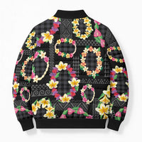 Hawaiian Kakau Tattoo Leis and Palaka Pattern Bomber Puffer Jacket Traditional Aloha Tribal Black Color