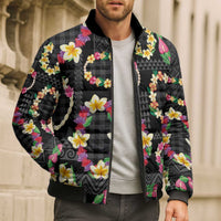 Hawaiian Kakau Tattoo Leis and Palaka Pattern Bomber Puffer Jacket Traditional Aloha Tribal Black Color