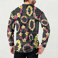 Hawaiian Kakau Tattoo Leis and Palaka Pattern Button Sweatshirt Traditional Aloha Tribal Black Color