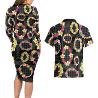 Hawaiian Kakau Tattoo Leis and Palaka Pattern Couples Matching Long Sleeve Bodycon Dress and Hawaiian Shirt Traditional Aloha Tribal Black Color LT03 - Polynesian Pride
