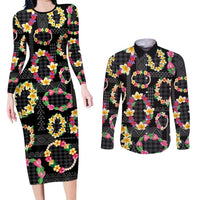 Hawaiian Kakau Tattoo Leis and Palaka Pattern Couples Matching Long Sleeve Bodycon Dress and Long Sleeve Button Shirt Traditional Aloha Tribal Black Color LT03 Black - Polynesian Pride