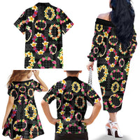 Hawaiian Kakau Tattoo Leis and Palaka Pattern Family Matching Off The Shoulder Long Sleeve Dress and Hawaiian Shirt Traditional Aloha Tribal Black Color LT03 - Polynesian Pride