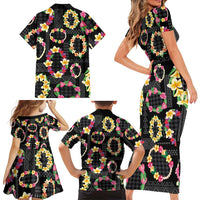 Hawaiian Kakau Tattoo Leis and Palaka Pattern Family Matching Short Sleeve Bodycon Dress and Hawaiian Shirt Traditional Aloha Tribal Black Color LT03 - Polynesian Pride