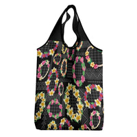 Hawaiian Kakau Tattoo Leis and Palaka Pattern Grocery Bag Traditional Aloha Tribal Black Color