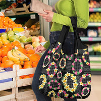 Hawaiian Kakau Tattoo Leis and Palaka Pattern Grocery Bag Traditional Aloha Tribal Black Color