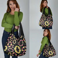 Hawaiian Kakau Tattoo Leis and Palaka Pattern Grocery Bag Traditional Aloha Tribal Black Color