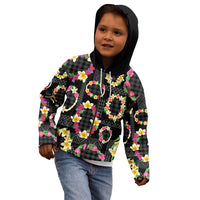 Hawaiian Kakau Tattoo Leis and Palaka Pattern Kid Hoodie Traditional Aloha Tribal Black Color
