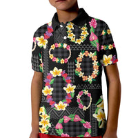 Hawaiian Kakau Tattoo Leis and Palaka Pattern Kid Polo Shirt Traditional Aloha Tribal Black Color