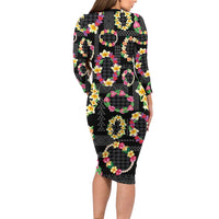 Hawaiian Kakau Tattoo Leis and Palaka Pattern Long Sleeve Bodycon Dress Traditional Aloha Tribal Black Color