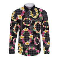 Hawaiian Kakau Tattoo Leis and Palaka Pattern Long Sleeve Button Shirt Traditional Aloha Tribal Black Color