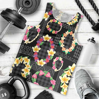 Hawaiian Kakau Tattoo Leis and Palaka Pattern Men Tank Top Traditional Aloha Tribal Black Color