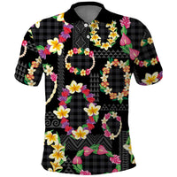 Hawaiian Kakau Tattoo Leis and Palaka Pattern Polo Shirt Traditional Aloha Tribal Black Color